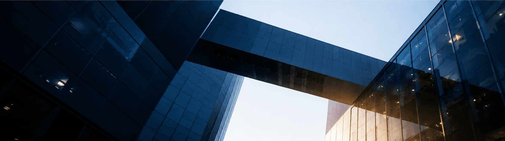 Modern blue corporate architecture with strong geometric building lines