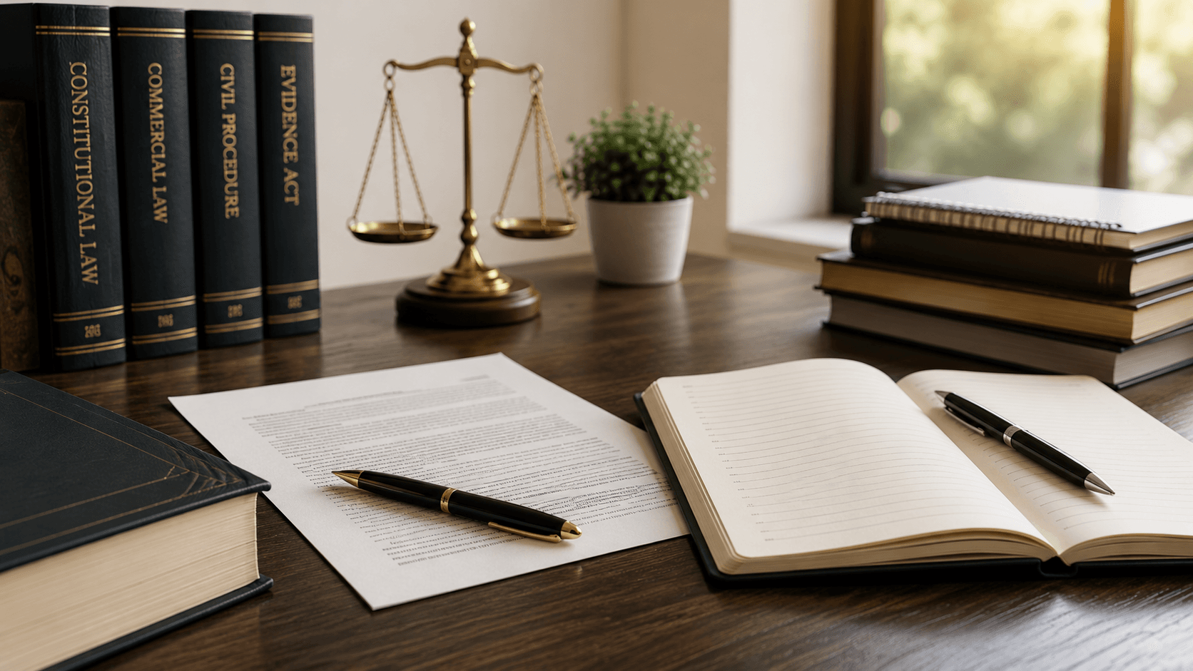 Law books, legal documents, and research materials arranged on a professional desk